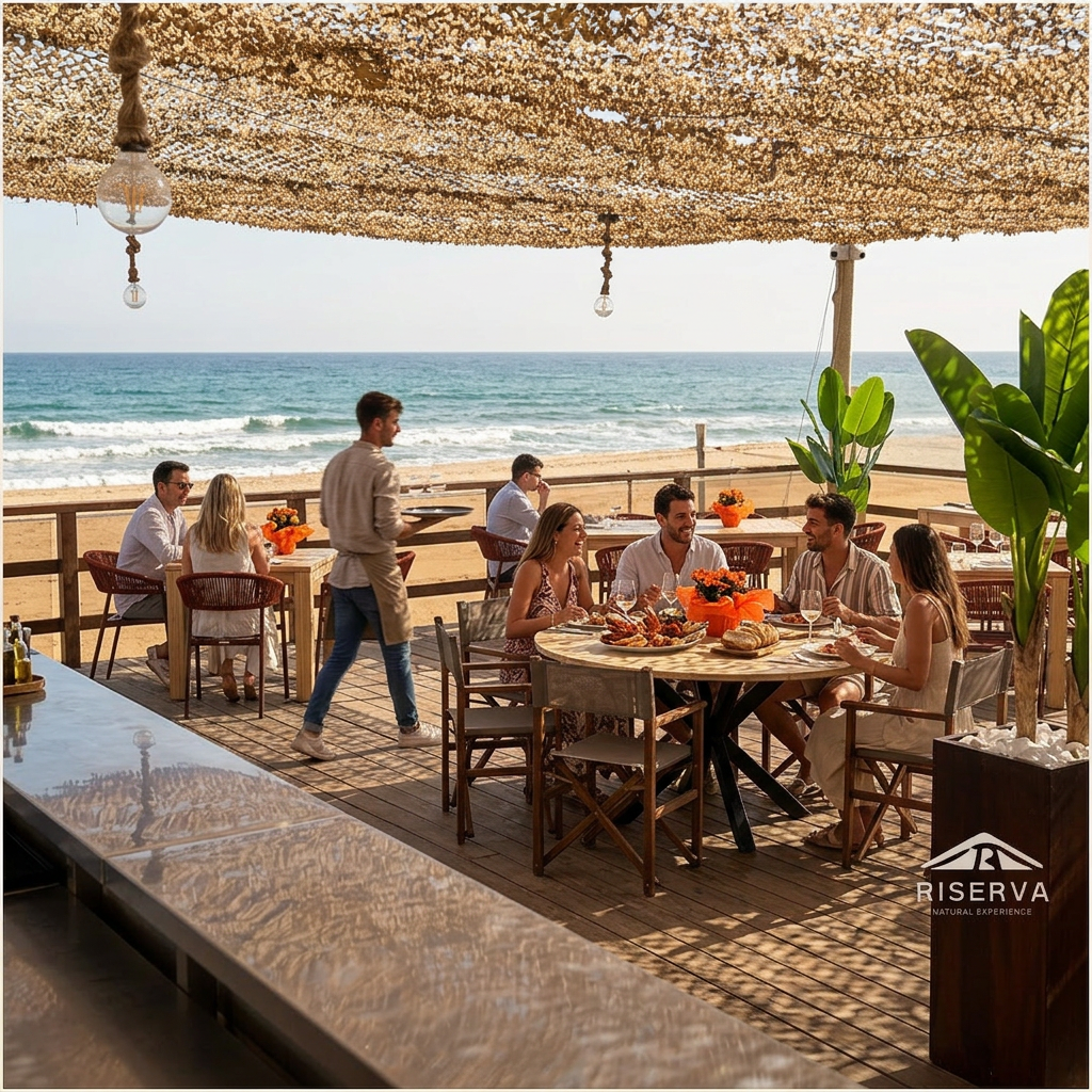 Pranzo a Riserva con ospiti ai tavoli e vista sul mare